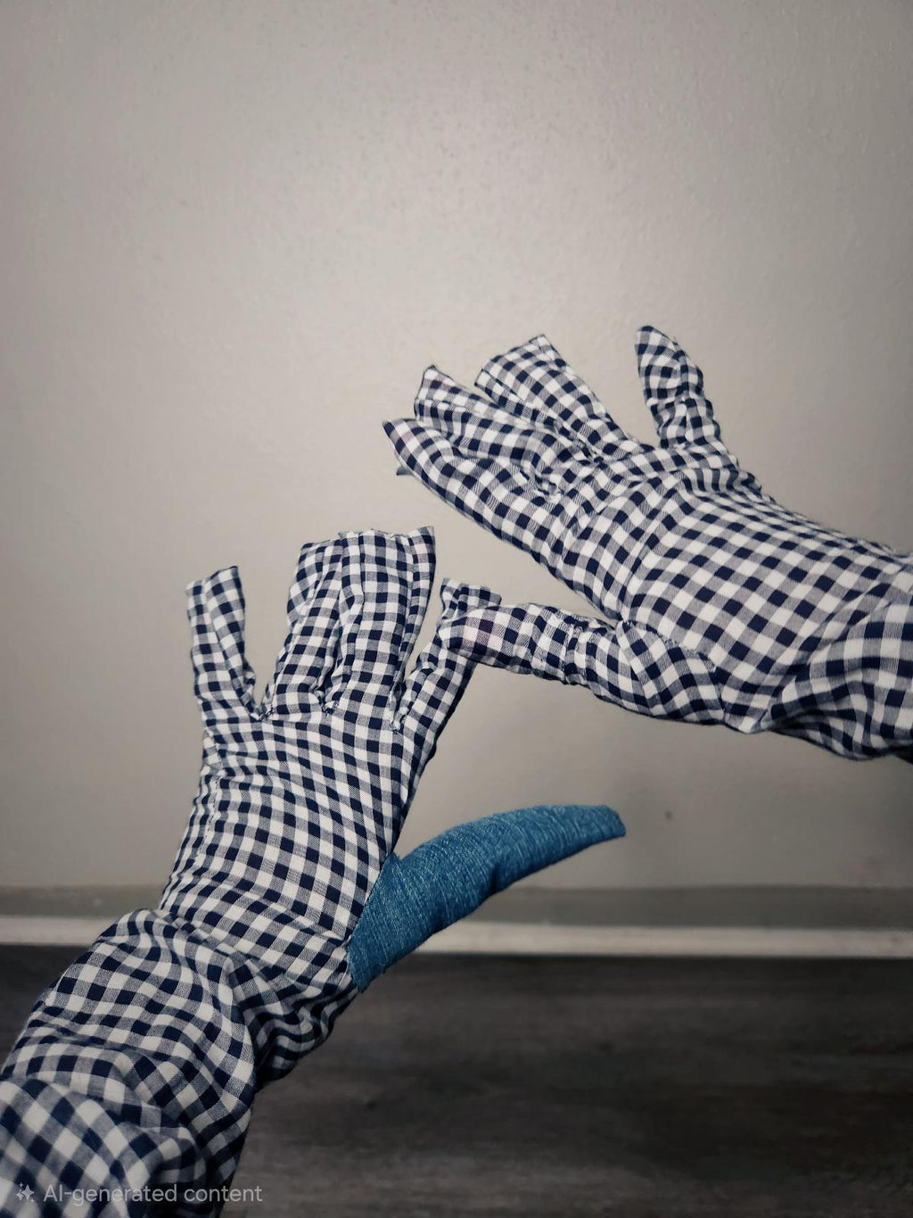 White and black gingham fabric Gloves denim thumb detail - Size Small, recycled denim whimsical
