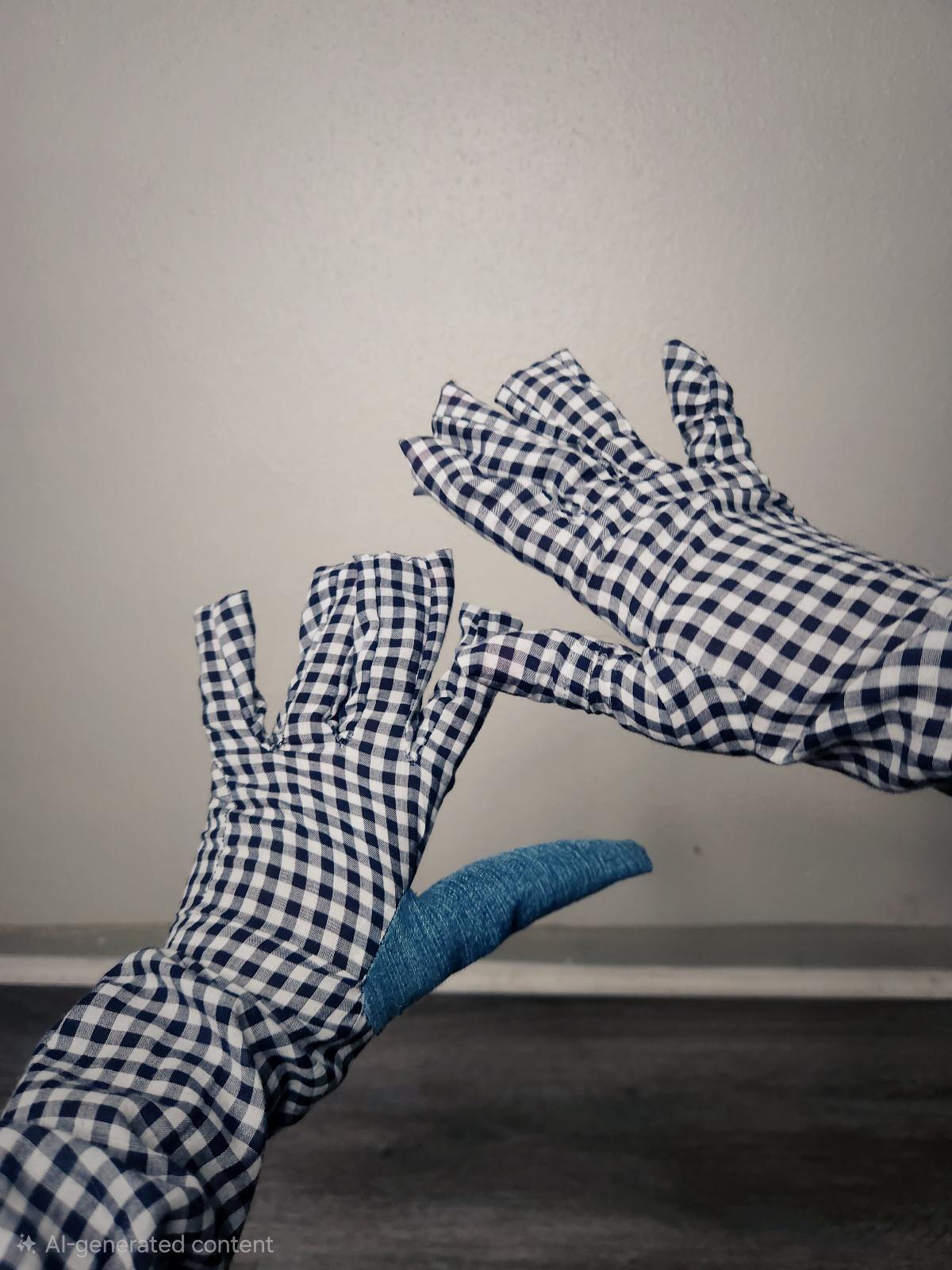 White and black gingham fabric Gloves denim thumb detail - Size Small, recycled denim whimsical