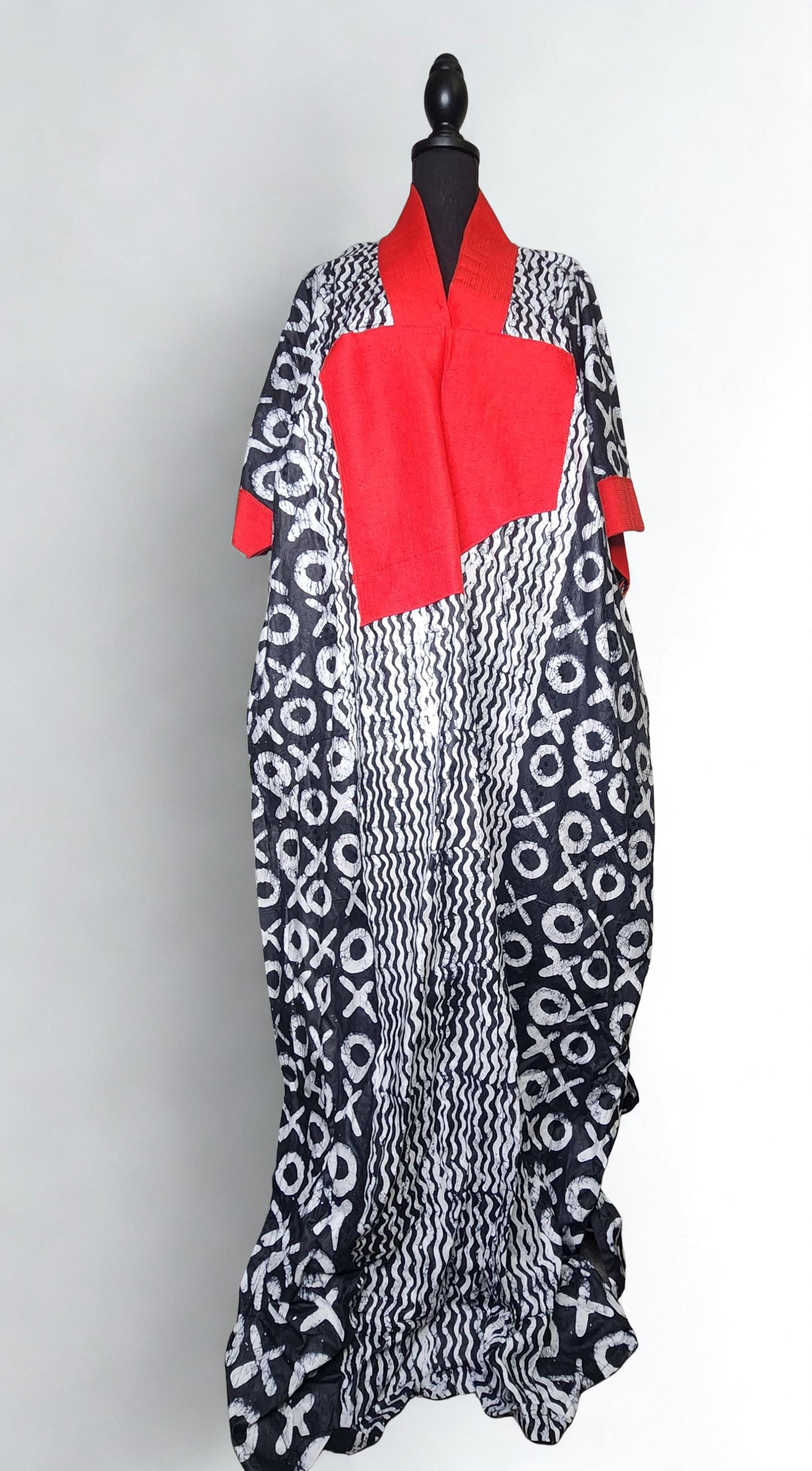 Spring Summer African print dress Adire Bubu Kaftan Kimono Labubu Red Black and white