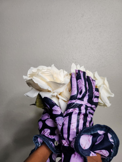 Adire Denim Costume Gloves - Handsewn   batik Fabric, Size Medium