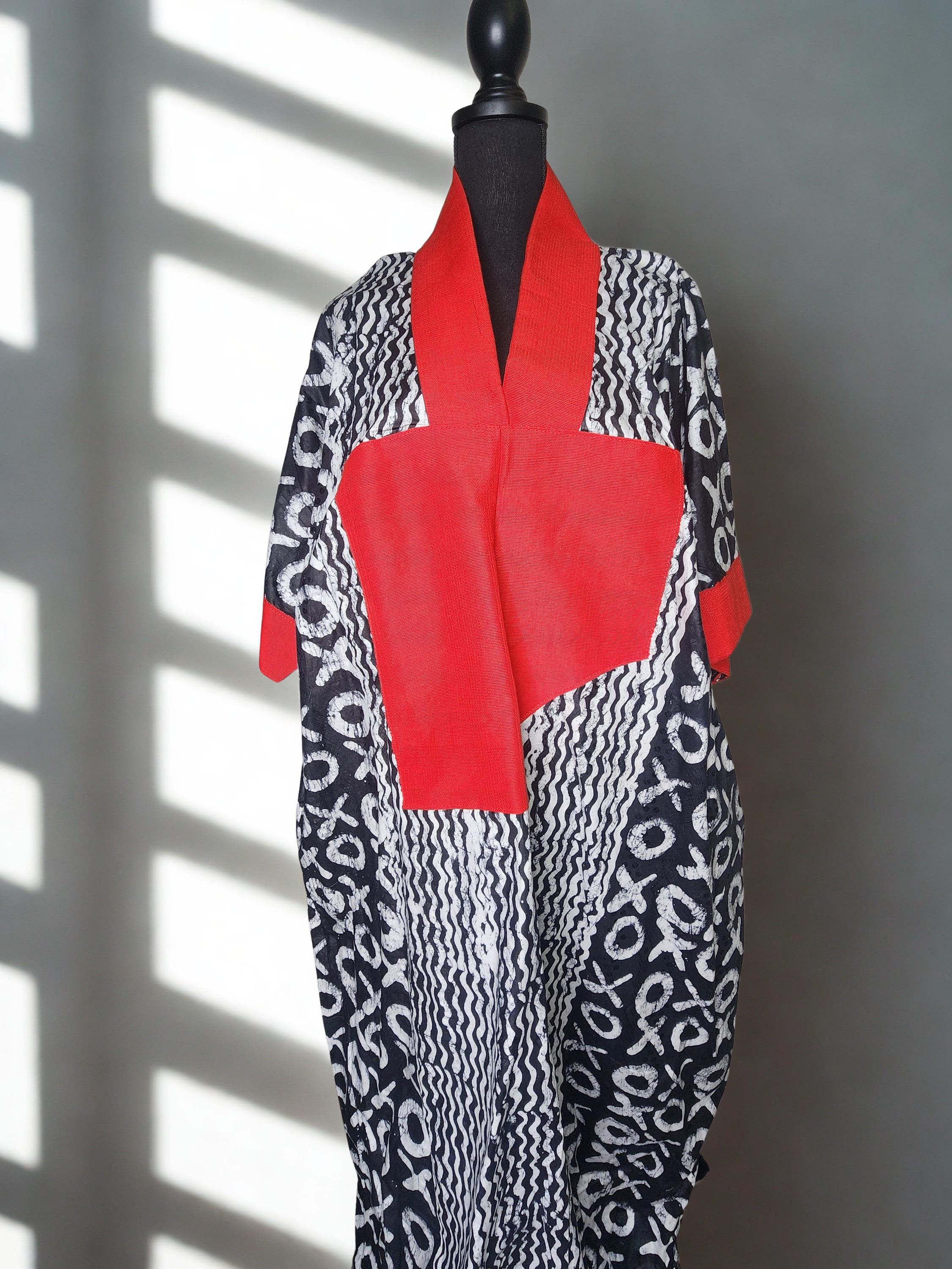 Spring Summer African print dress Adire Bubu Kaftan Kimono Labubu Red Black and white