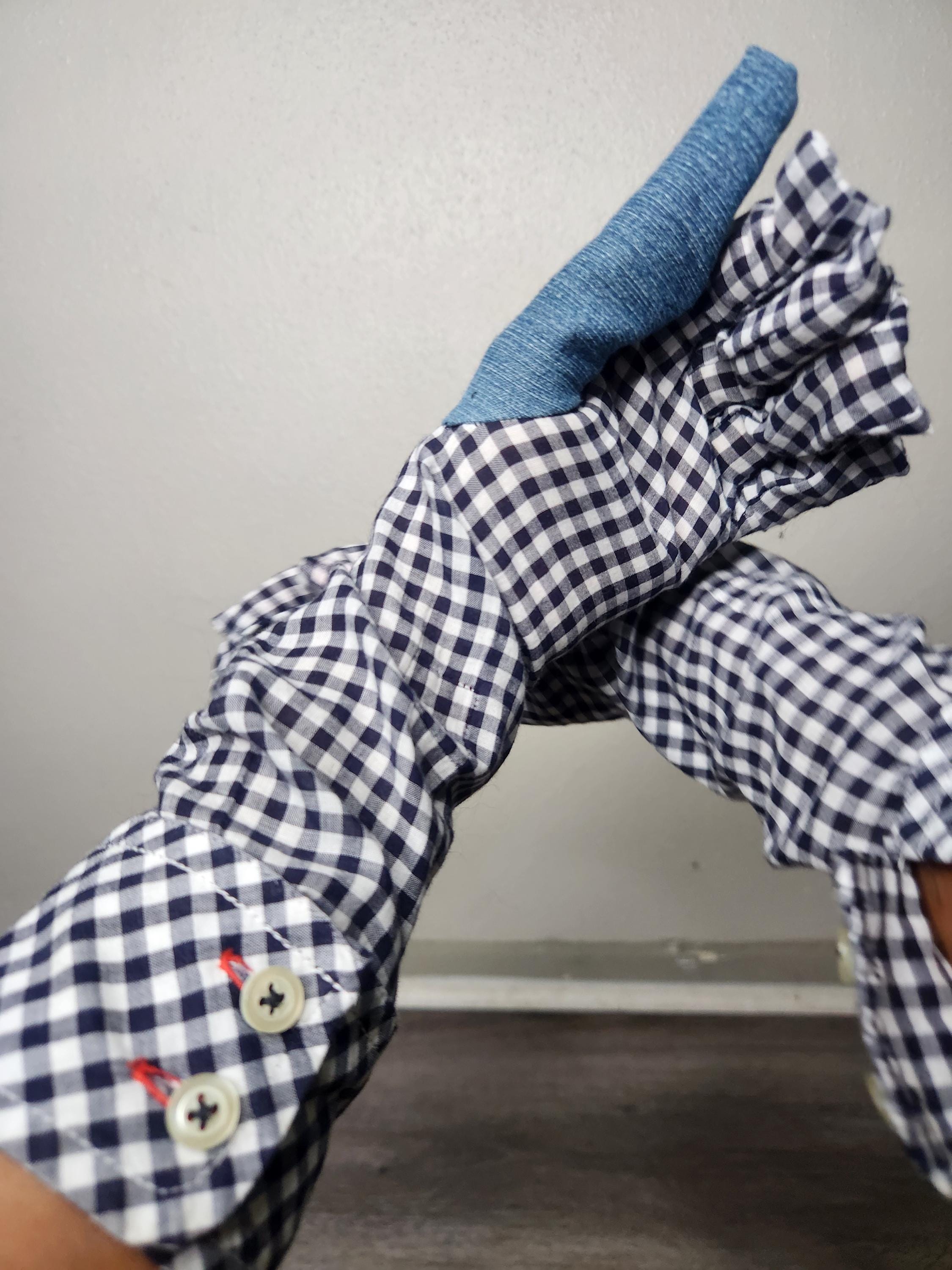 White and black gingham fabric Gloves denim thumb detail - Size Small, recycled denim whimsical