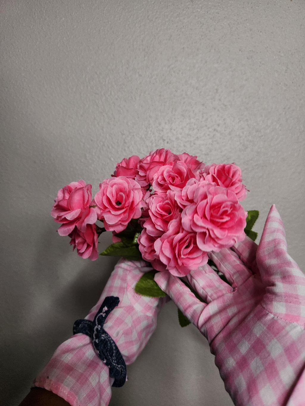 Pink Gingham fabric Gloves with Gold Star Embroidery detail - Size Small, recycled denim
