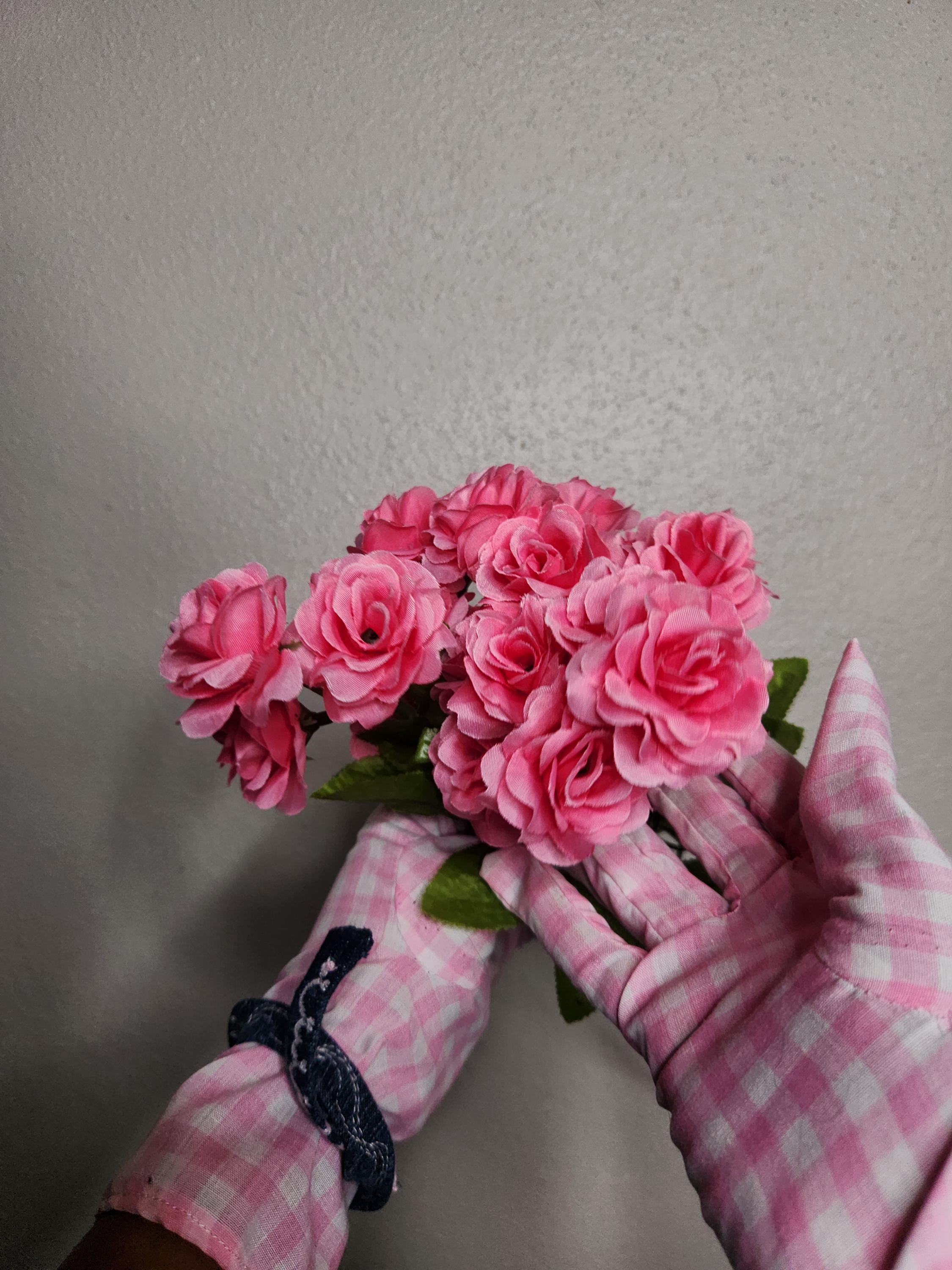 Pink Gingham fabric Gloves with Gold Star Embroidery detail - Size Small, recycled denim