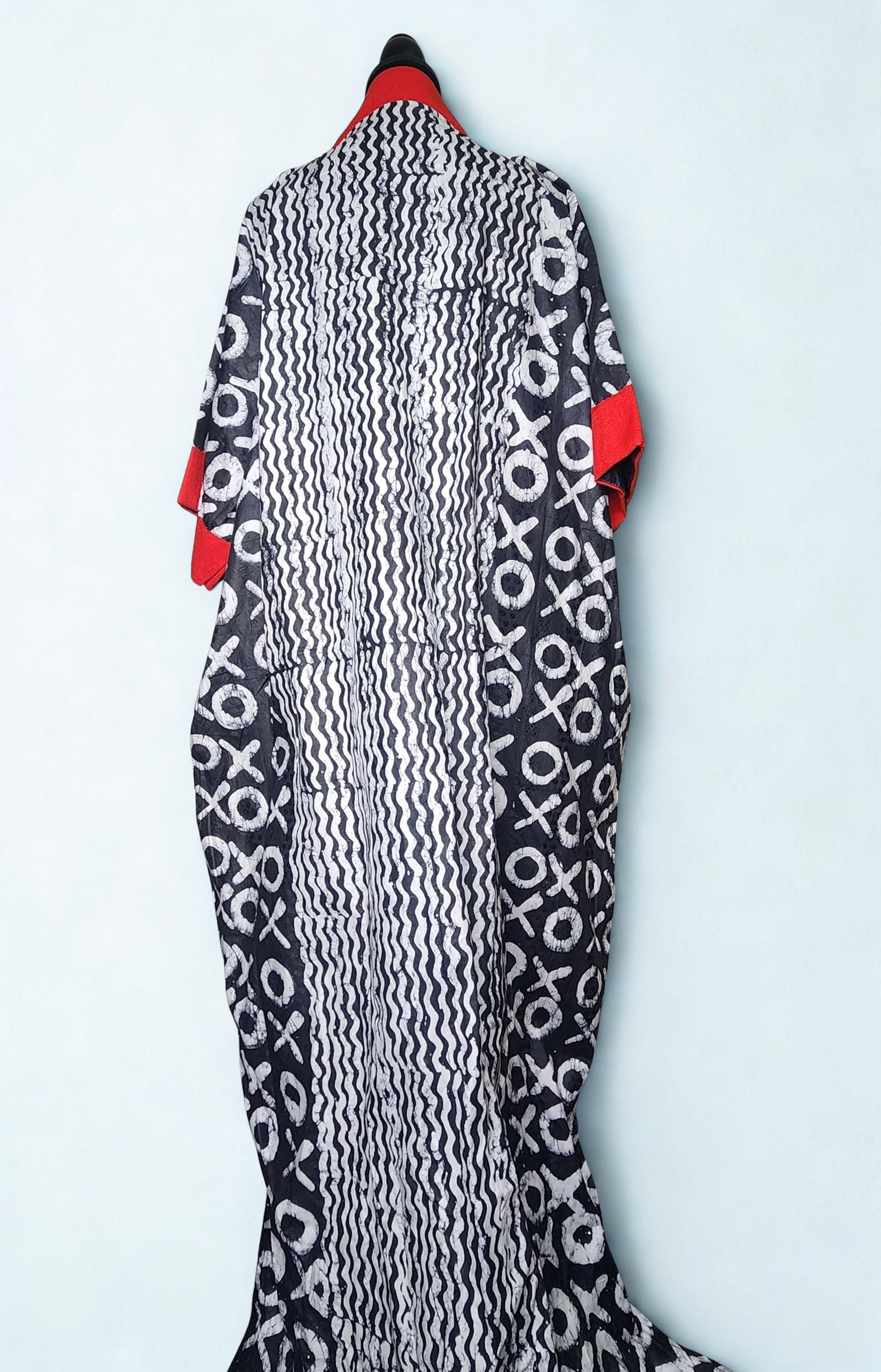 Spring Summer African print dress Adire Bubu Kaftan Kimono Labubu Red Black and white