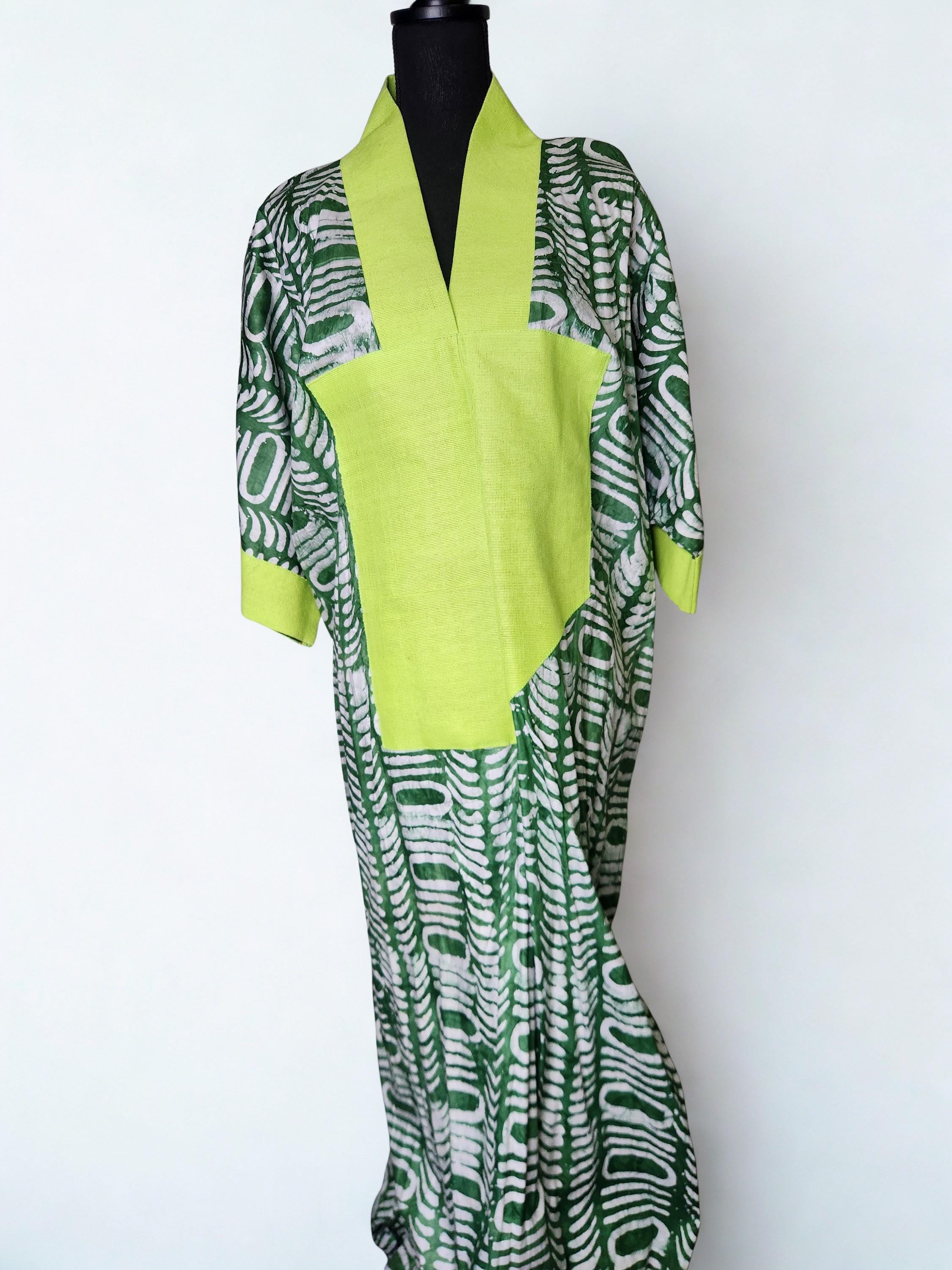 Spring Summer African print dress Adire Bubu Kaftan Kimono Labubu Green