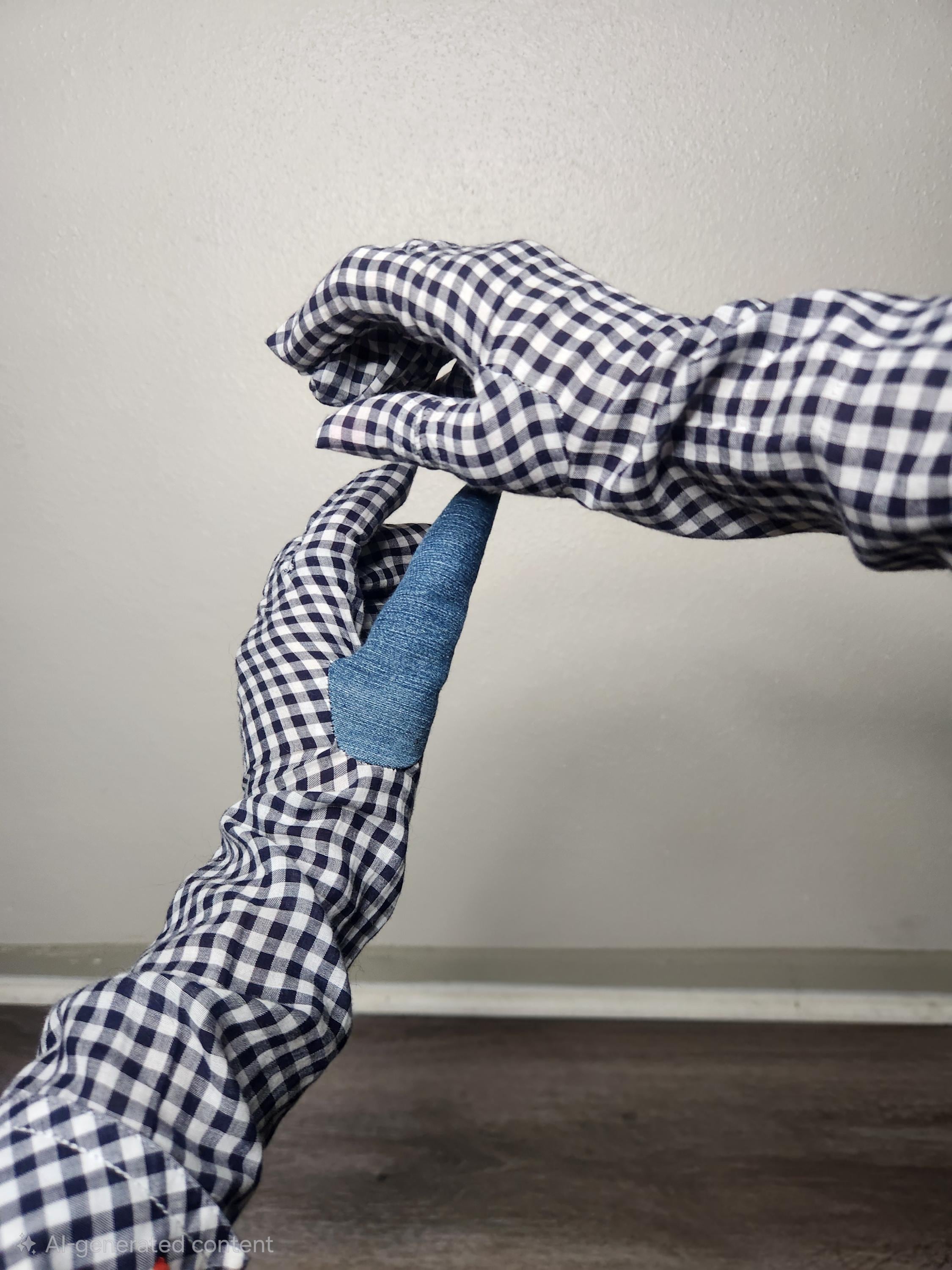 White and black gingham fabric Gloves denim thumb detail - Size Small, recycled denim whimsical