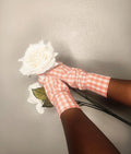Peach Gingham Costume Gloves, Cotton Handsewn Cosplay Drag