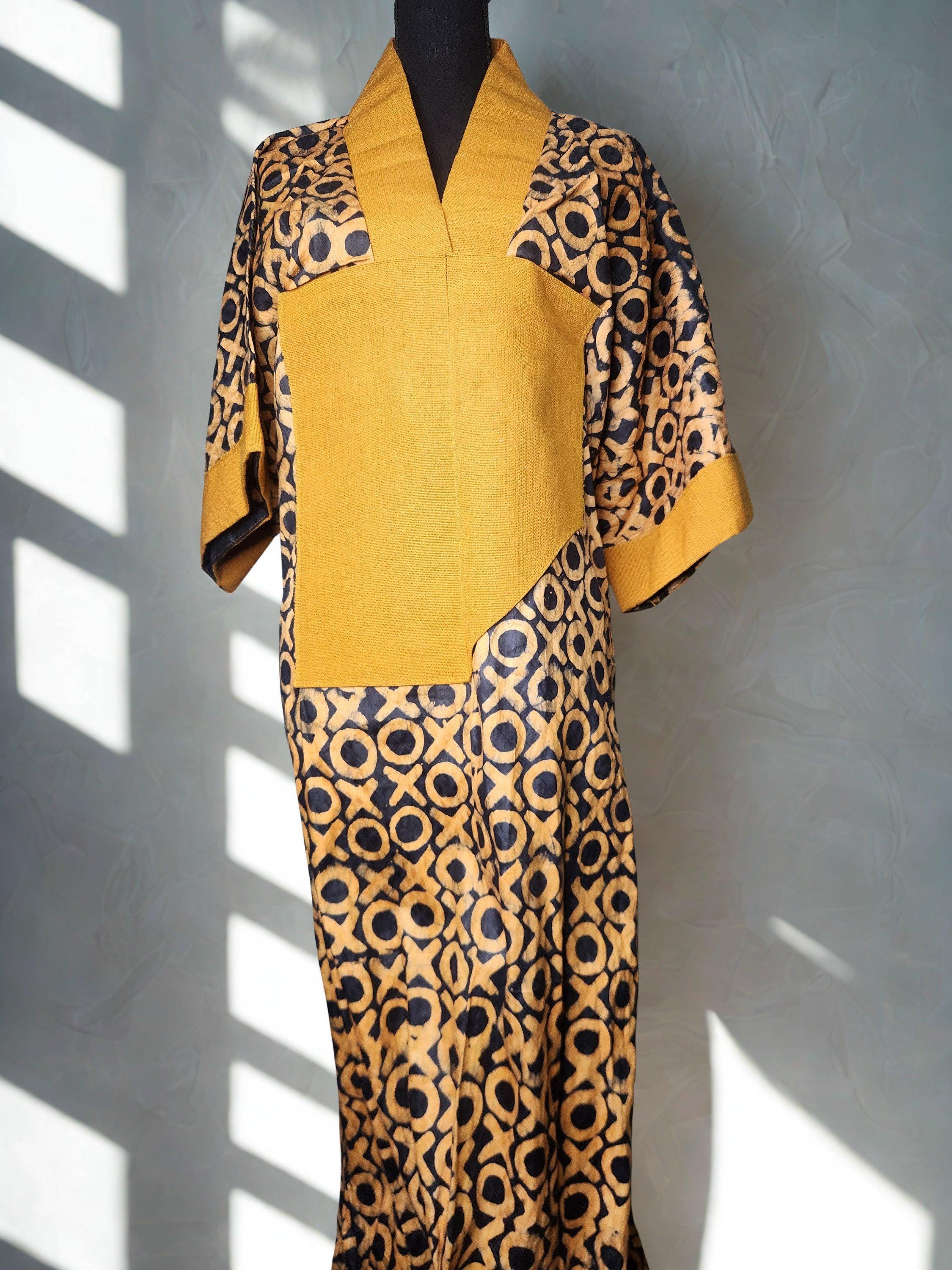 Spring Summer African print dress Adire Bubu Kaftan Kimono Bubu Yellow and Black