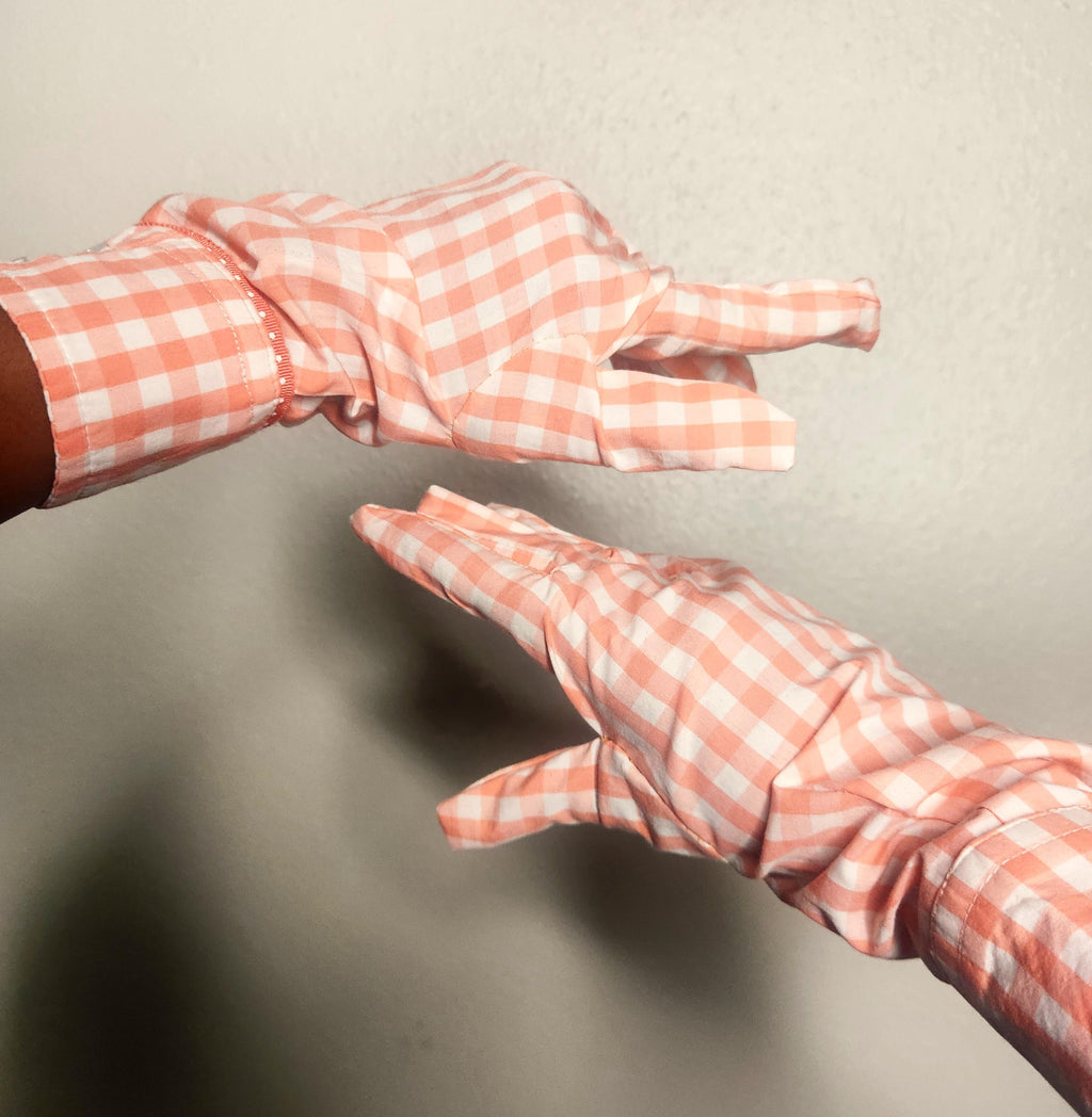 Peach Gingham Costume Gloves, Cotton Handsewn Cosplay Drag