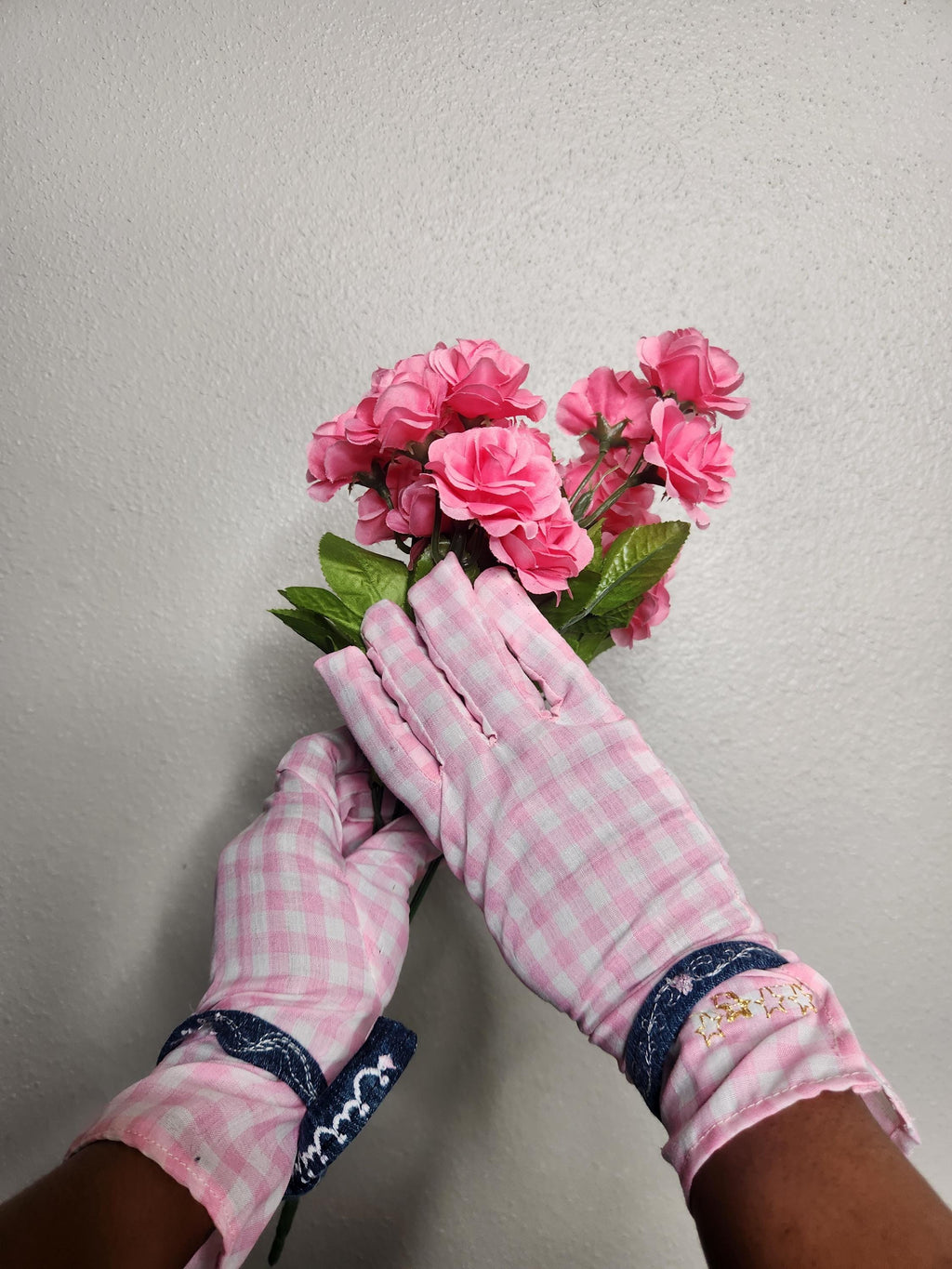 Pink Gingham fabric Gloves with Gold Star Embroidery detail - Size Small, recycled denim
