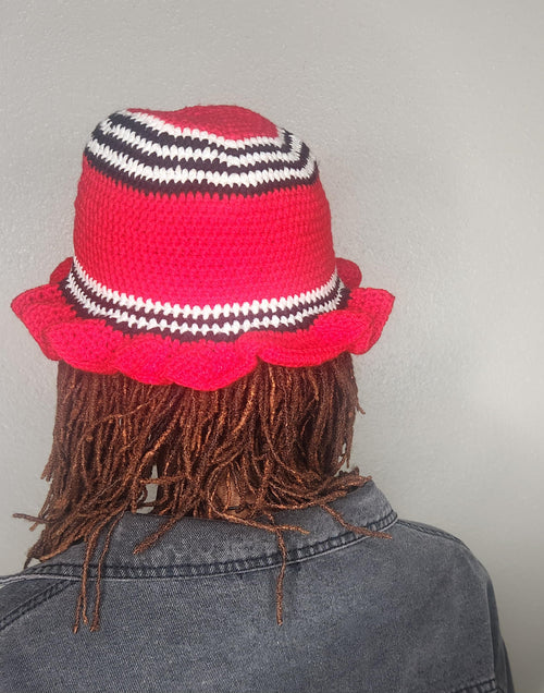 Crochet Bucket black, red & white hat