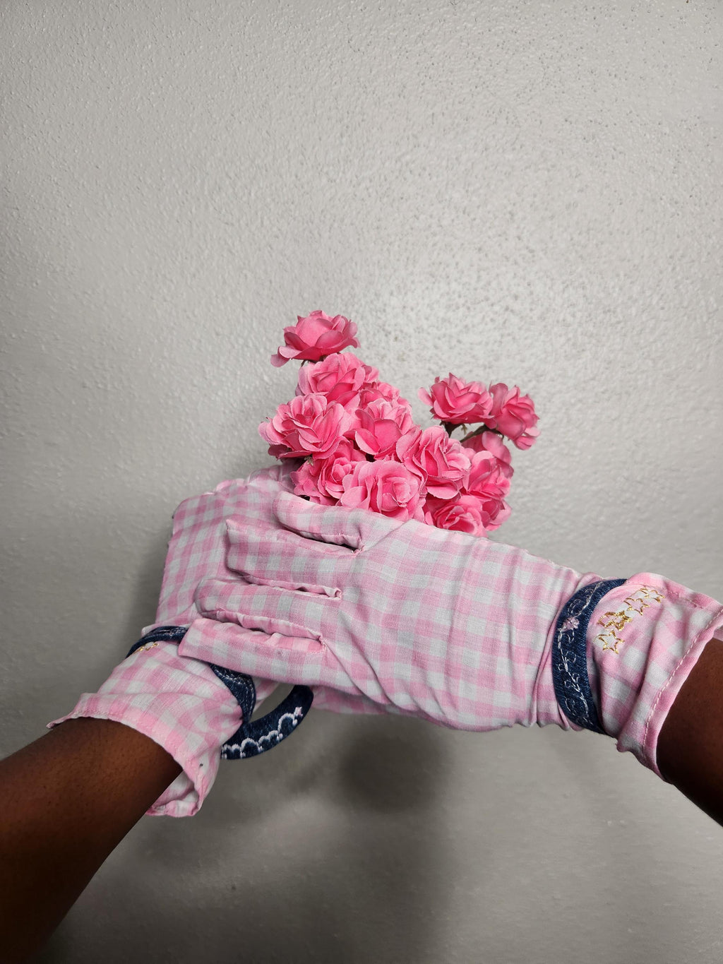 Pink Gingham fabric Gloves with Gold Star Embroidery detail - Size Small, recycled denim